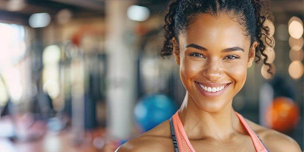 Donna sorridente con i capelli ricci in palestra vibrante