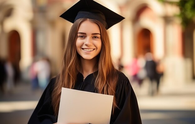 Donna sorridente con il berretto di laurea che tiene il diploma all'aperto