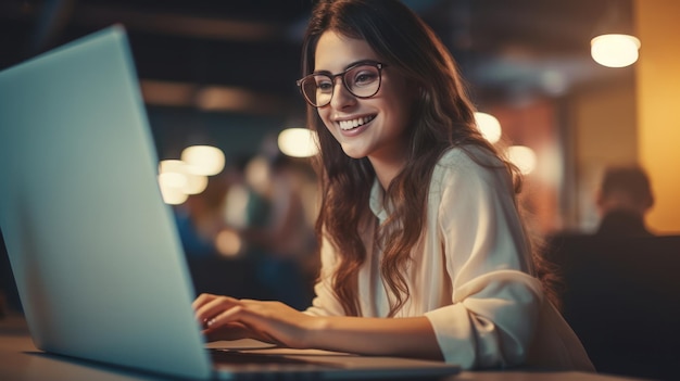 Donna sorridente con il computer portatile Illustrazione AI GenerativexA