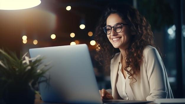 Donna sorridente con il computer portatile Illustrazione AI GenerativexA