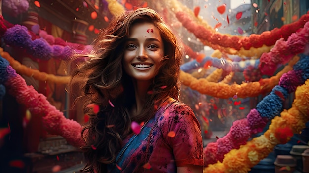 Donna sorridente con il viso vibrante dipinto di vari colori Holi