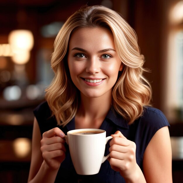 Donna sorridente con in mano una tazza di caffè