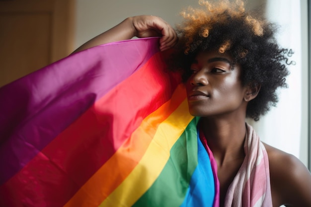 Donna sorridente con la bandiera dell'arcobaleno Attivista femminile felice con la bandera LGBT