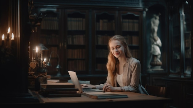 Donna sorridente con laptop e libro che lavora per un'azienda in una biblioteca Generative AI AIG21