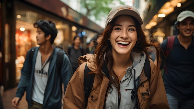 donna sorridente con lo zaino che cammina per una strada affollata con altre persone AI generativa