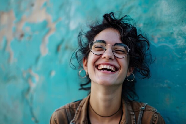 Donna sorridente con occhiali e capelli ricci contro un muro blu