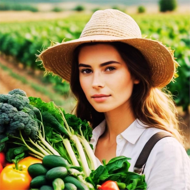 Donna sorridente con un cesto di verdure fresche in un campo