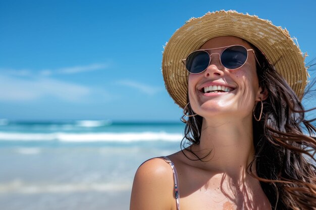Donna sorridente con un elegante cappello da sole che si rilassa sulla spiaggia