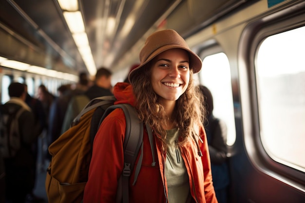 donna sorridente con uno zaino che viaggia in treno