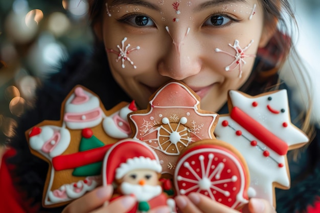 Donna sorridente con vernice per il viso festiva che tiene in mano biscotti di Natale in una calda luce ambientale