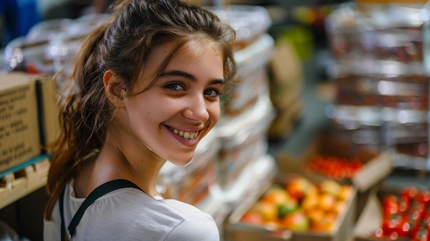 Donna sorridente di fronte a una vetrina di frutta