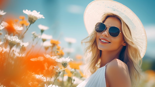 donna sorridente e indossando occhiali da sole con cappello in una calda giornata di sole