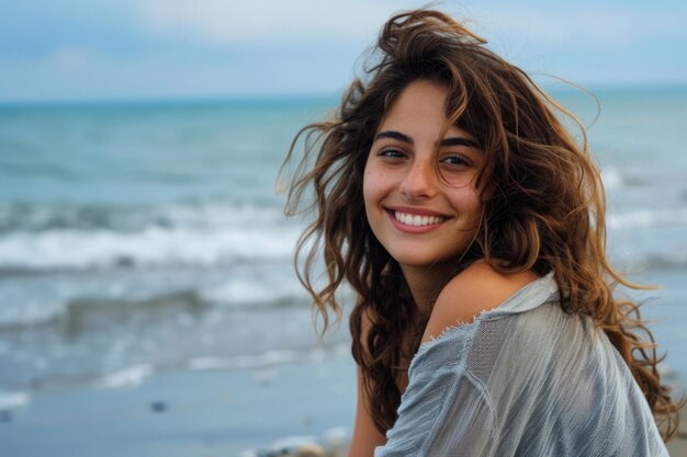 donna sorridente felice con i capelli ricci seduta su una spiaggia con il mare sullo sfondo