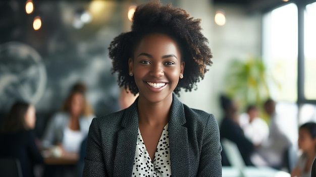 Donna sorridente in abito da lavoro posa con gli impiegati di ufficio