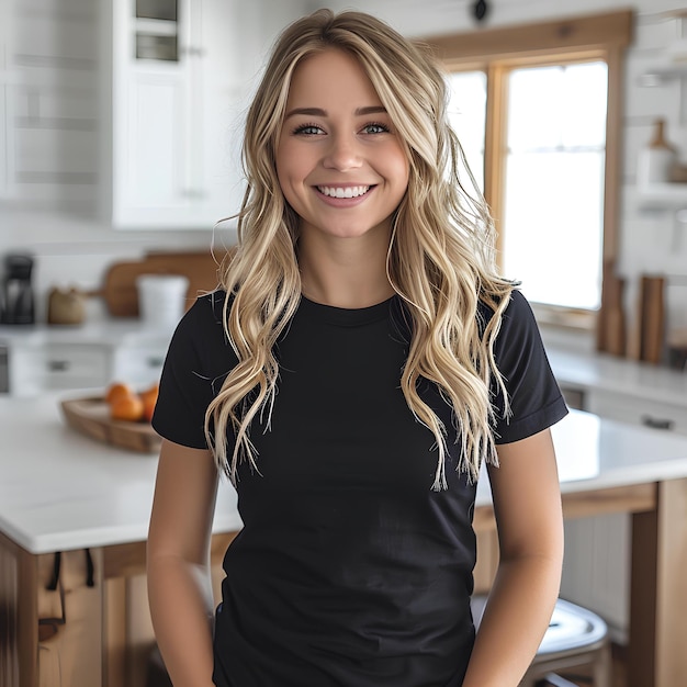 Donna sorridente in cucina che indossa una camicia nera