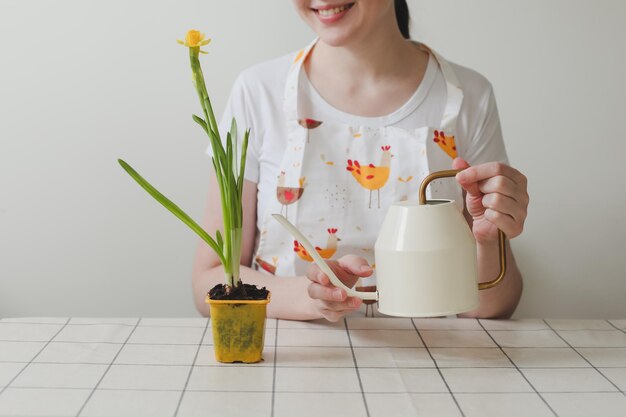 Donna sorridente in grembiule con fiore di primavera daffodil in un vaso giardinaggio primavera e concetto di pasqua