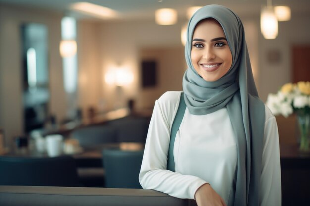 Donna sorridente in hijab alla reception Concetto di ospitalità e servizio professionali