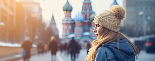 Donna sorridente in inverno a Mosca Generato dall'intelligenza artificiale
