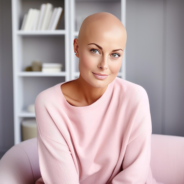 Donna sorridente in maglione rosa che combatte il cancro al seno AI generativa