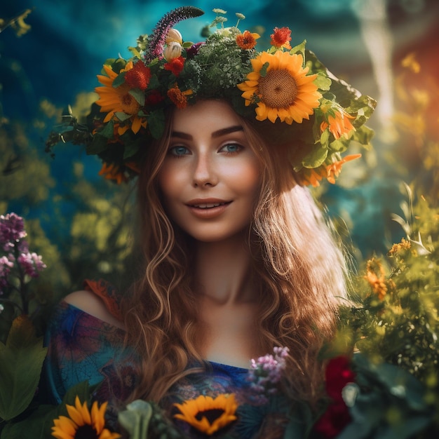Donna sorridente in una corona di fiori Concetto della Giornata della Terra IA generativa