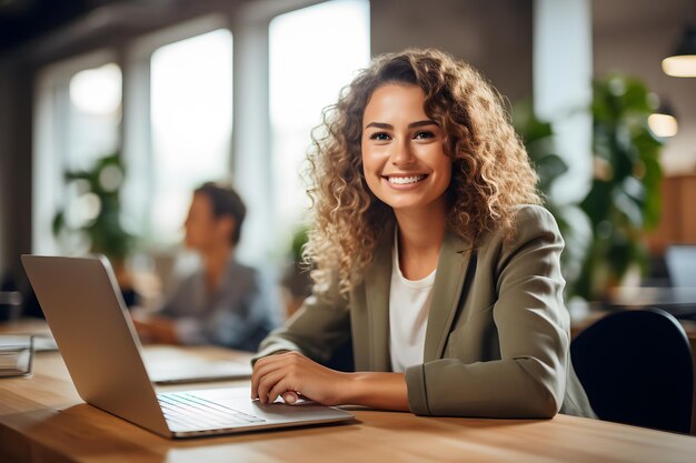 donna sorridente seduta a un tavolo con un computer portatile IA generativa