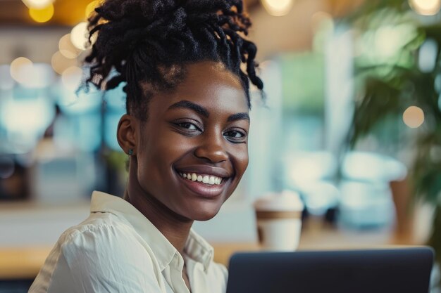 Donna sorridente seduta davanti al portatile