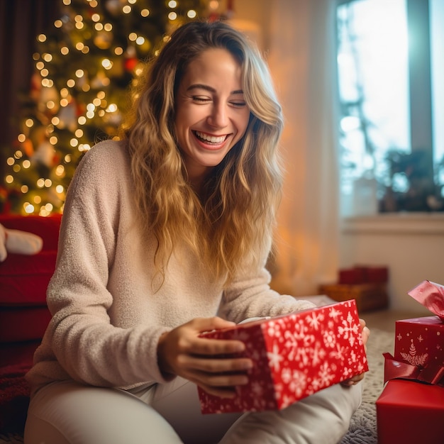 Donna sorridente tiene in mano una scatola regalo rossa