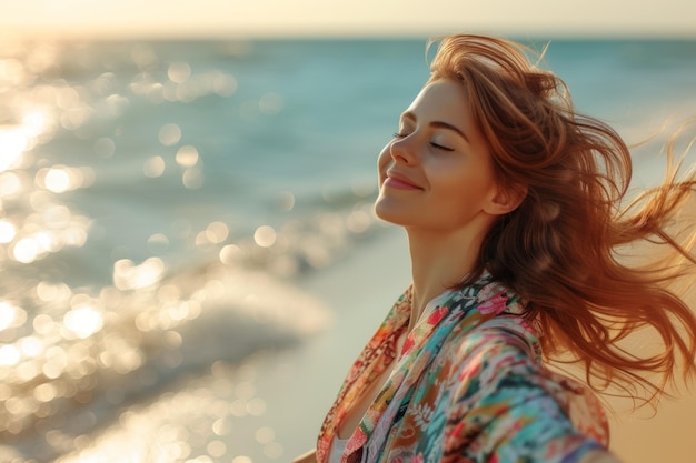 Donna spensierata con gli occhi chiusi che si gode il tramonto sulla spiaggia.