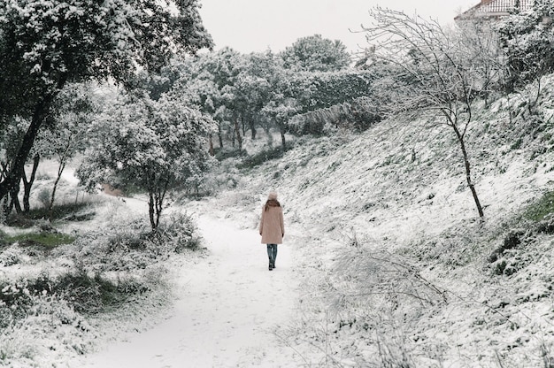 Donna spensierata in cappotto caldo e cappello che cammina lungo il sentiero nella foresta mentre vi godete la natura in inverno