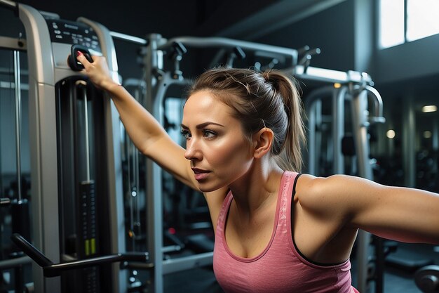 Donna sportiva che si esercita su multistazione in palestra per i muscoli delle braccia e delle spalle Esercizio fisico in palestra