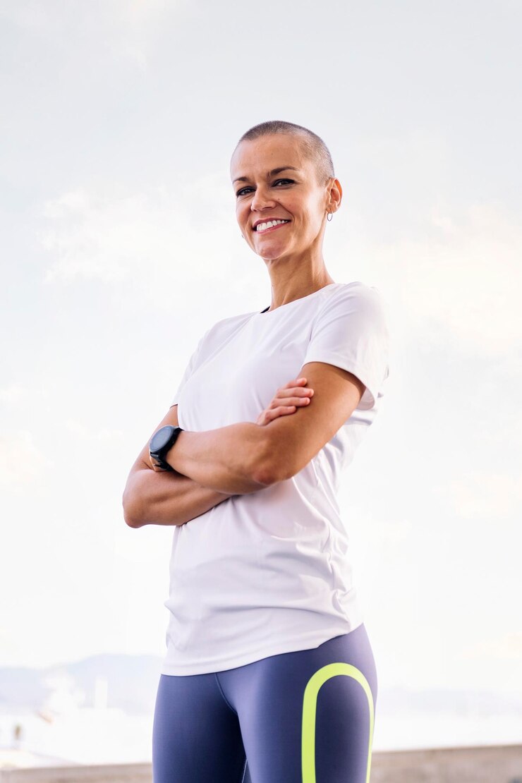 Donna sportiva sorridente felice con le braccia incrociate