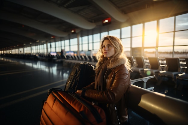 donna stanca al terminal di un aeroporto in attesa dell'aereo di destinazione generato dall'intelligenza artificiale