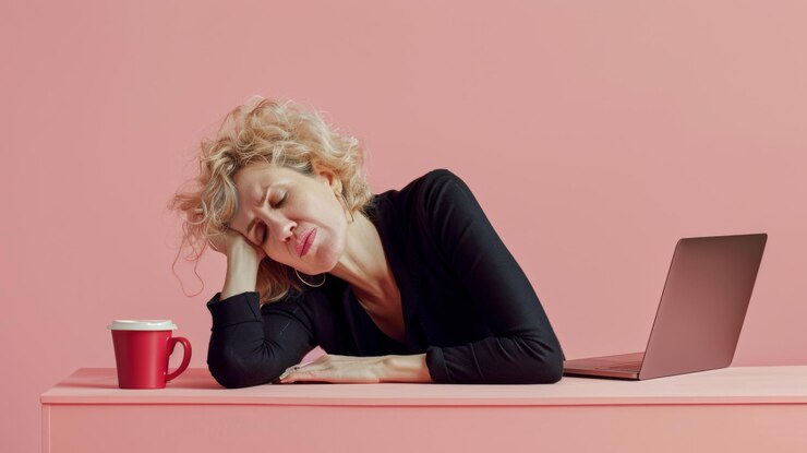 Foto donna stanca alla sua scrivania