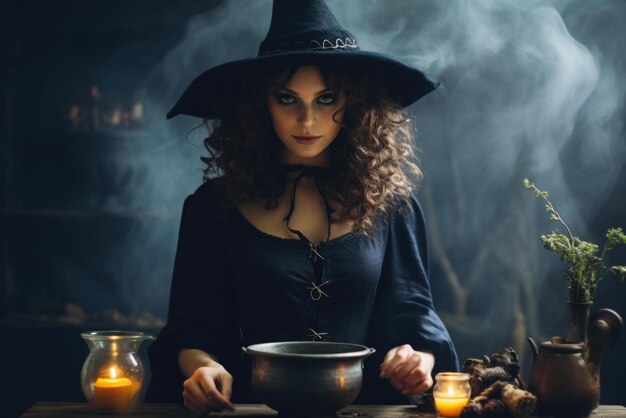 Donna strega incantata felice Halloween notte spettrale sfondo spazio di copia