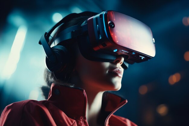 Donna studentessa utilizzatrice di tecnologia informatica donna che indossa cuffie VR occhiali di realtà virtuale