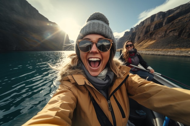 Donna su una barca che si fa un selfie con il suo amico in inverno indossando occhiali da sole e giacca gialla