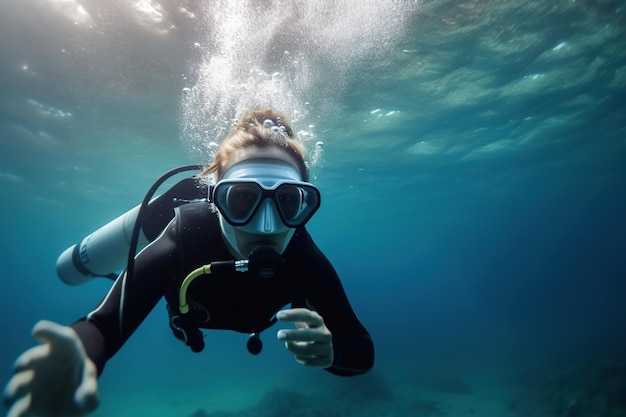 Donna subacquea che nuota nel mare sottomarinoIllustrazione Ai generativa