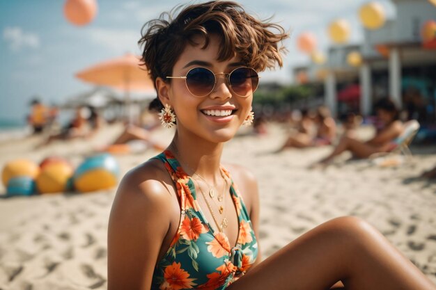 donna sulla spiaggia modello di moda estiva capelli corti