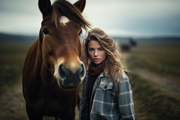 Donna sveglia dell'agricoltore con il cavallo