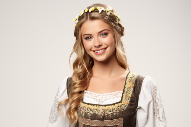 Donna tedesca sorridente felice in abbigliamento nazionale AI generativa