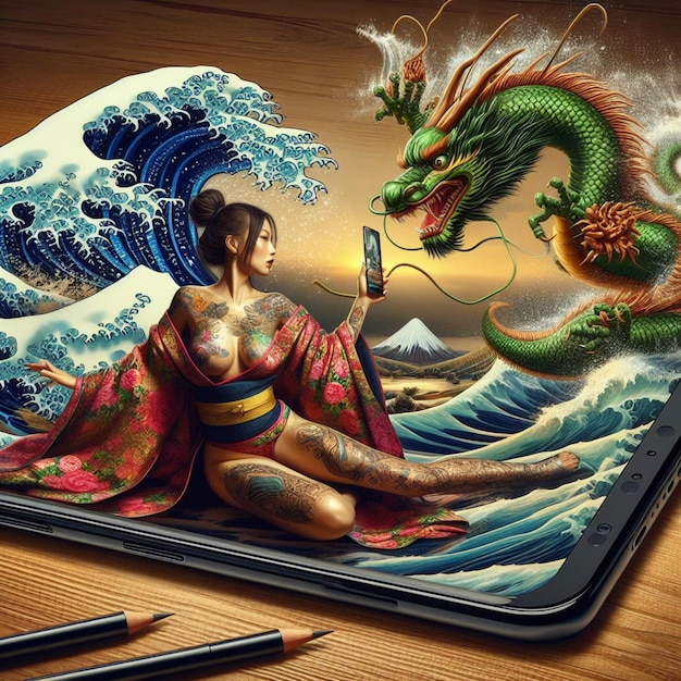 donna tradizionale indossa abito skyline città tramonto drago cinese anno fuori schermo del telefono cellulare sulla scrivania