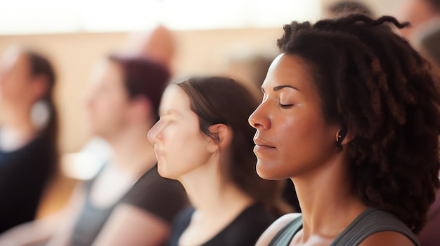 Donna tranquilla medita con il gruppo durante la sessione di yoga ricreazione con la consapevolezza