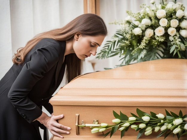 Donna triste a un funerale con un fiore sulla bara dopo la perdita di una persona amata