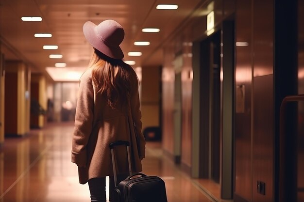 Donna turista con una valigia che fa il check-in alla reception dell'hotel concetto di viaggio e vacanza