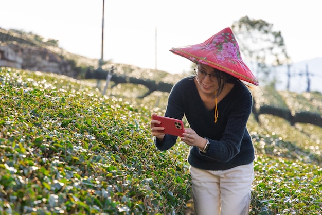 Donna turista scattare una foto in una fattoria di tè