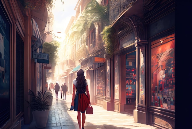 Donna turistica dello shopping che cammina sullo sfondo della strada del centro commerciale Persone e concetto di viaggio Illustrazione di arte digitale IA generativa