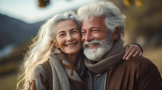 donna uomo all'aperto coppia senior felice stile di vita pensione insieme sorridente amore vecchia natura matura Copia spazio per il testo