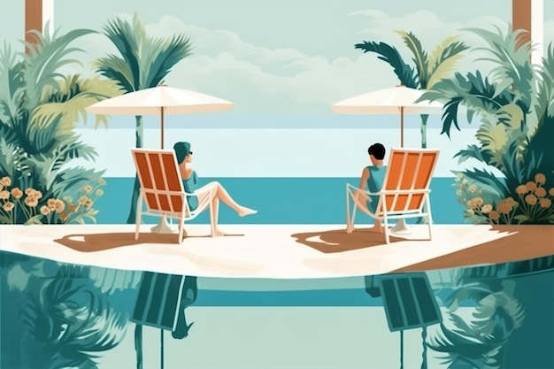 Donna uomo vacanza concetto estate natura sole spiaggia relax vacanza viaggio in mare IA generativa
