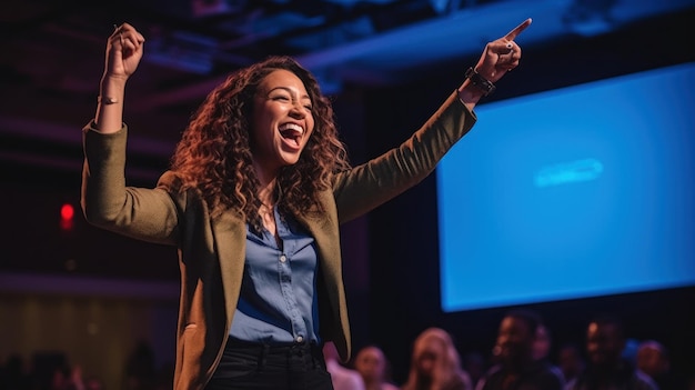 Donna uscita oratore motivazionale sul palco Diversità Successo Leadership STEM concetto IA generativa