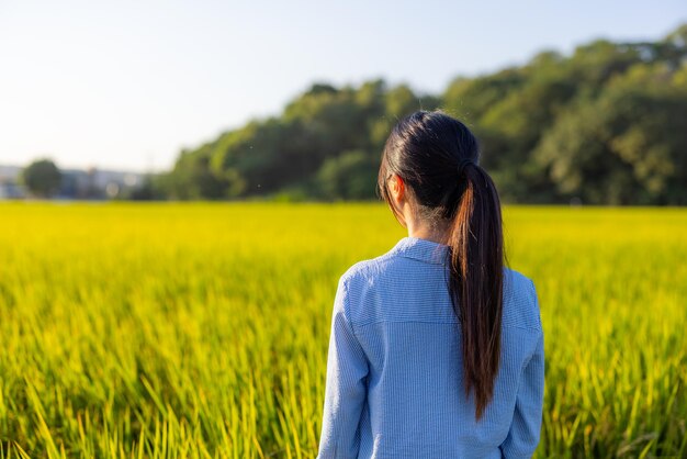 Donna va in campagna con il campo di riso